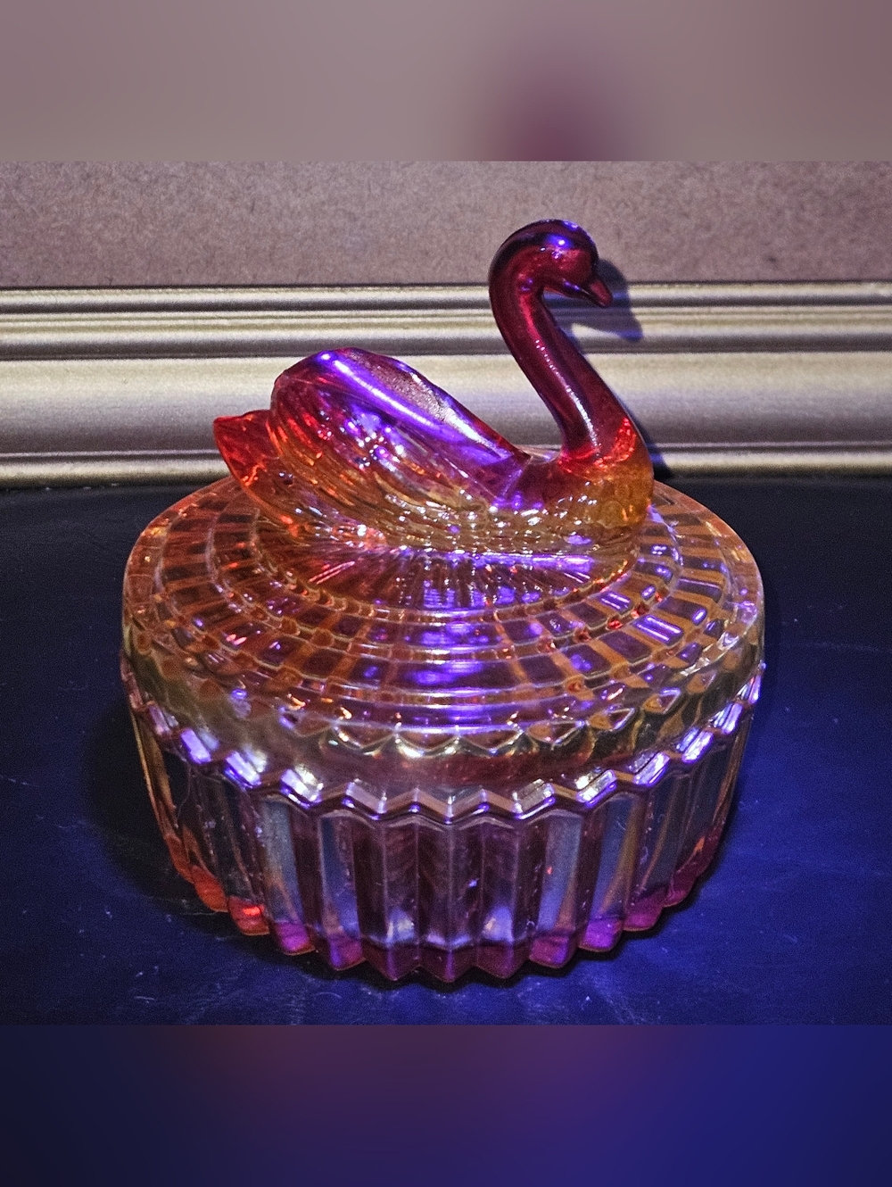 Vintage Jeanette Glass Amberina Powder or Trinket Dish featuring Swan Lid